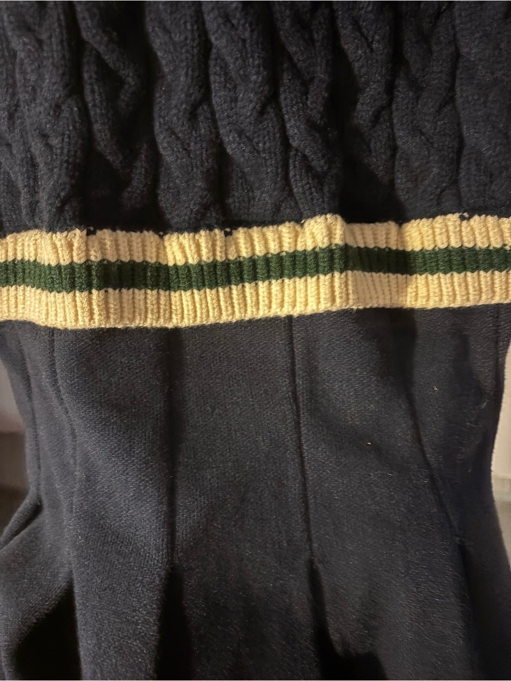 En Saison Navy V-Neck Cable Sweater with Cream & Dark Green Trim - Picture 4 of 4
